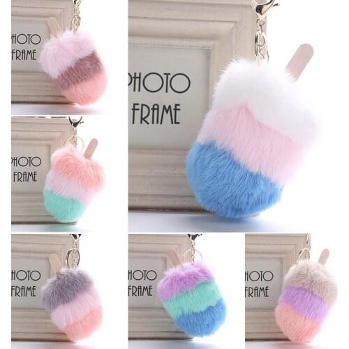 Cute Fluffy Faux Fur Pom Pom Ice Cream Keychain Holder Cover Women Bag Charms Ornaments Pendant Jewelry Accessories