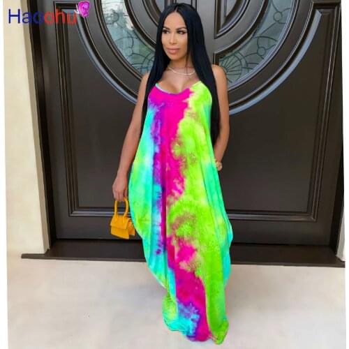 HAOOHU Women Vintage Tie Dye Print Spaghetti Strap V-neck Loose Maxi Dress Casual Beach Floor Length Long Dresses Vestidos