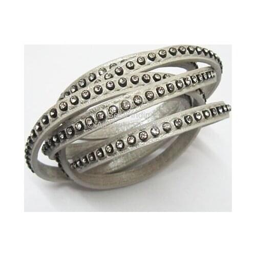 Metallic silver Flat rhinestone leather cord 6x2mm Crystal wrap leather cord