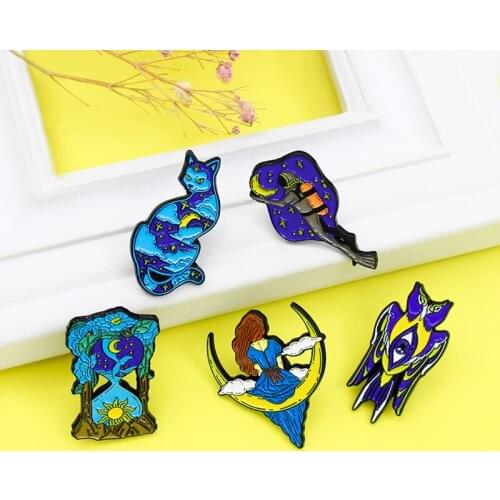 Cartoon Starry sky Night Enamel Pins Owl Cat Diver Astronaut Hourglass Sun and Moon Princess Brooches Lapel Shirt Bag Badge Gift