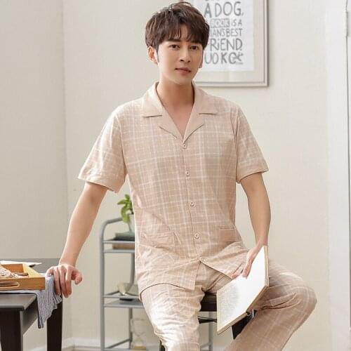 Mens Pajamas Summer Short Sleeve Home Clothes Full Pure Cotton Plaid Pyjamas Men Lounge Pajama Sets Nihgtwear Sleepwear Sets