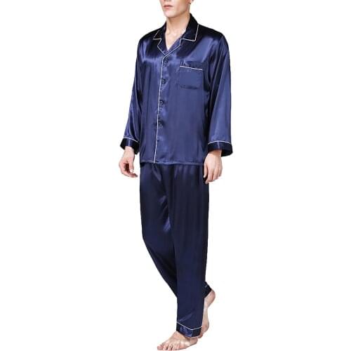 Men Silk Satin Pajamas 2-Piece Set Men Lapel Long-Sleeved Top + Spring And Autumn Pants Classic Luxury Adult Home Service Suit
