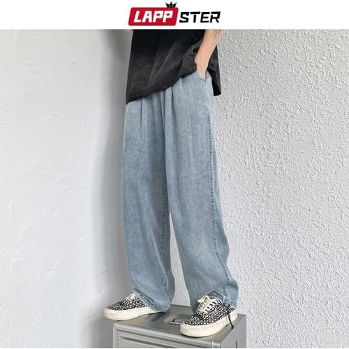 LAPPSTER Men Baggy Causal Harajuku Jeans Pants 2021 Mens Streetwear Vintage Denim Trousers Male Solid Wide Leg Jeans Joggers 5XL