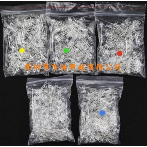 5mm long feet, straight plug round super bright LED light emitting diode kit, red/green/blue/yellow/white 100 pcs each