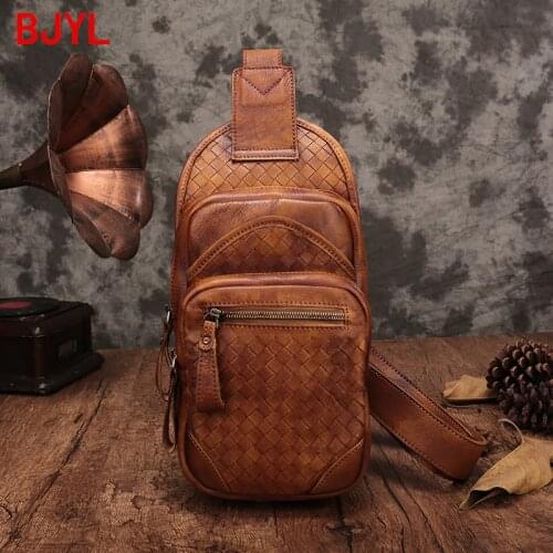 2020 New Vintage Mens Leather Chest Bag Men Casual Woven Leather Chest Bag Male Retro Small Shoulder Messenger Bags Soft Cotton