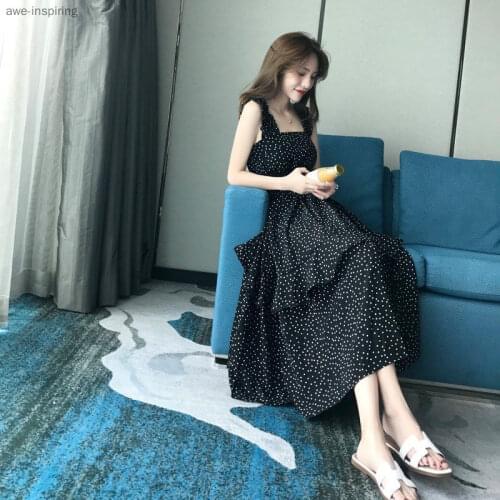 2021 Summer New Floral Dress Polka-dot Mid-length Sling Waist Slim Temperament Chiffon Fairy Skirt Is Thin and Long Skirt Tide
