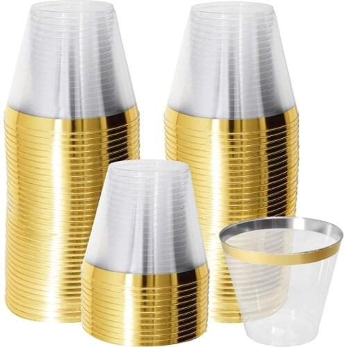 50 Gold Plastic Cups 9 Oz Gold Rimmed Tumblers Clear Plastic Cups Disposable Cups For Wedding Party