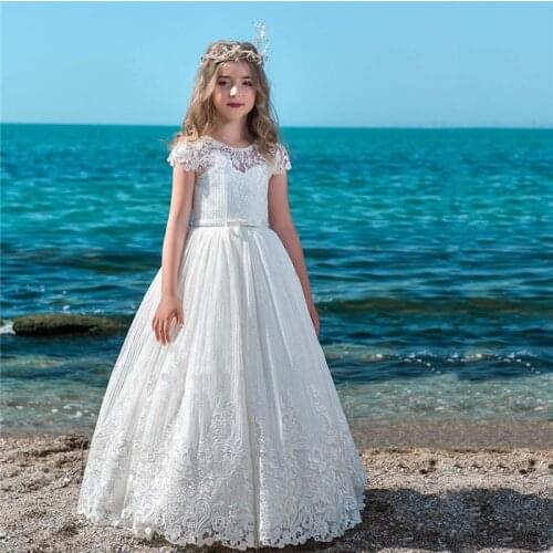 White Flower Girls Dresses for Wedding Cap Sleeves O Neck Lace Appliques Beading Girls First Communion Dress Birthday Gown