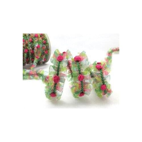 Pleated Trim|w Rococo Flower Trim|1 1/8 Inches Pleated Ombre Printed Chiffon Trim|Organza Chiffon Trim|Retro Handmade Supplies