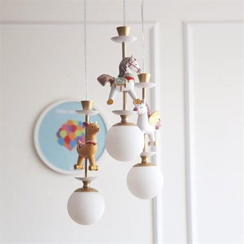 Carousel Deer Animals Cartoon Pendant Lights Nordic Childrens Room Boys Girls Bedroom E14 Hanging Lamps Bar Restaurant Lighting