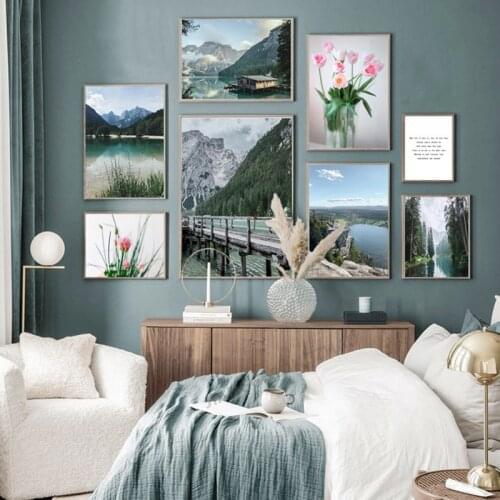 Nordic Landscape Poster Canvas Painting Mountain Lake Scenery Flower Wall Art Poster and Print for Modern Home Living Room Decor