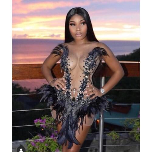 Black Feather See Through Rhinestones Black Feather Dress Dance Costume Prom Birthday Celebrate Dresses
