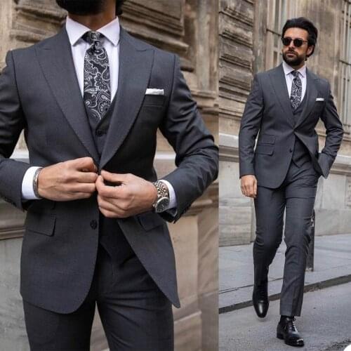 Tailored Mens Business Tuxedos Slim Fit Two Button Men Pant Suit Prom Party Wedding Suits Outfit (Jacket+Vest+Pants)