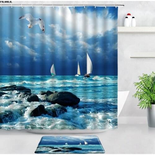 Sailboat Ocean Scenery Shower Curtains Bath Mats Set Bird Sea Wave Boat Natural Landscape Door Pad Bathroom Anti-slip Rugs Decor