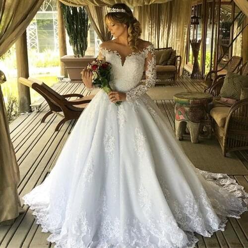 Vestidos De Noiva Long Sleeve Wedding Dresses A Line 2020 Lace Appliques O Neck Pearls Back Bridal Wedding Gowns Plus Size