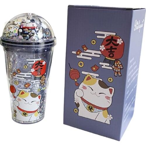 450ml Japanese Lucky Cat Kids Water Bottle With Straw Maneki Neko Plastic Cup Cute Fortune Cat Drinkware Gift For Grils/Child