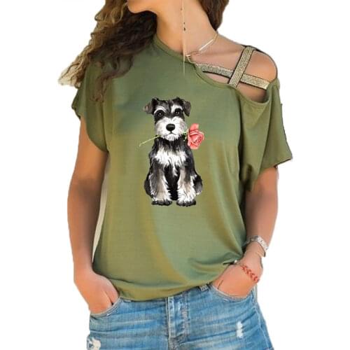 New Summer Cute Rose Mini Schnauzer Print Funny Teeshirt Women Short sleeve Loose Irregular Skew Cross Bandage Tops Tee