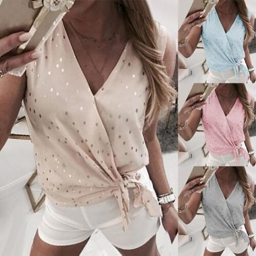 2020 Women Fashion Sleeveless V Neck Front Cross Polka Dot Print Bandage Female Tops Casual Ladies Shirt