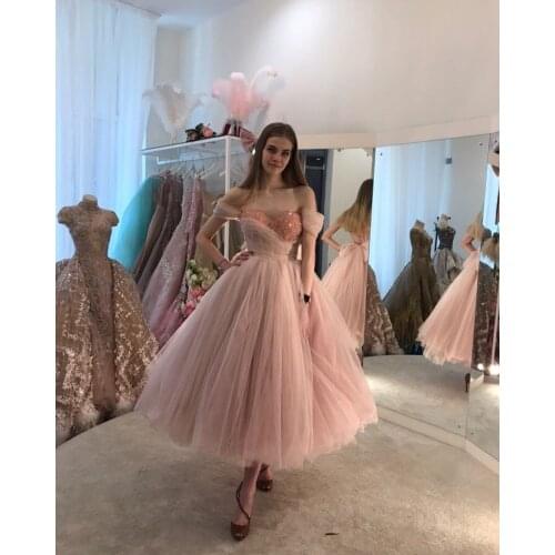 Wedding Party Dress For Graduation Off Shoulder Tea Length Tulle Beaded Dusty Pink Prom Dresses 2021 Formal gown Robe De Soiree