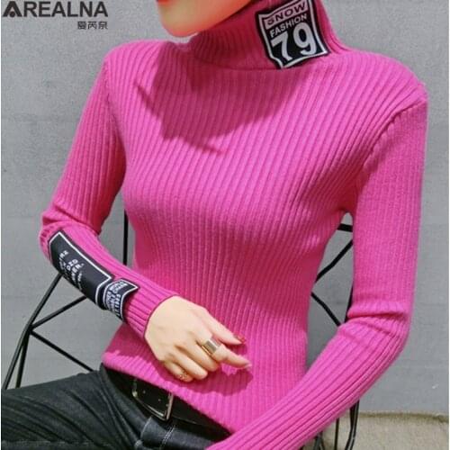 2020 Autumn Winter Sweater Women Knitted Ribbed Pullover Sweater Long Sleeve letter Turtleneck Slim Jumper Soft Warm Pull Femme