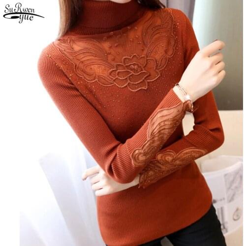 2021 fall/winter lace bottoming shirt womens long-sleeved high-necked womens sweater slim-fit all-match short inner top 16003