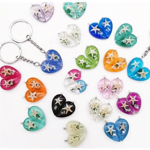 Handmade Love Heart Starfish Sequin Resin Keychain Lovers Charm Couple Keyrings Key Chain Rings Holder for Gifts Accessories