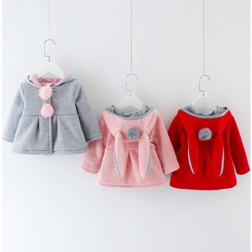 2020 Baby Girl Autumn Winter Coat Girls Kids Hooded Children Cardigan Solid Color Fur Ball Rabbit Ears Overcoats Clothes
