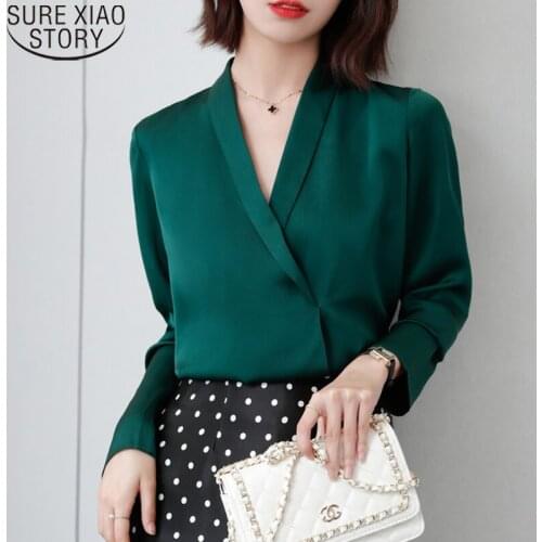 Elegant V-neck Blouse Women Tops Office Lady Long Sleeve Shirt Satin Blouses Autumn Fashion New Silk Shirt Blusa Mujer 17031