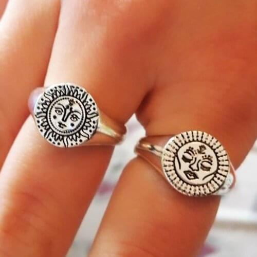 Aesthetic Rings For Women Girls Stainless Steel Gothic Sun Face Couple Ring Female Vintage Gothic Punk Jewelry anillos mujer