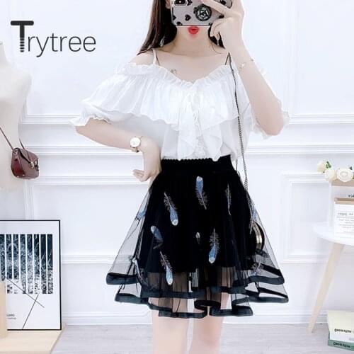 Trytree Summer Two piece set Casual Ruffles Strapless Solid Elegant Top + Skirt Mesh Embroidery Print Fashion Set 2 Piece Set