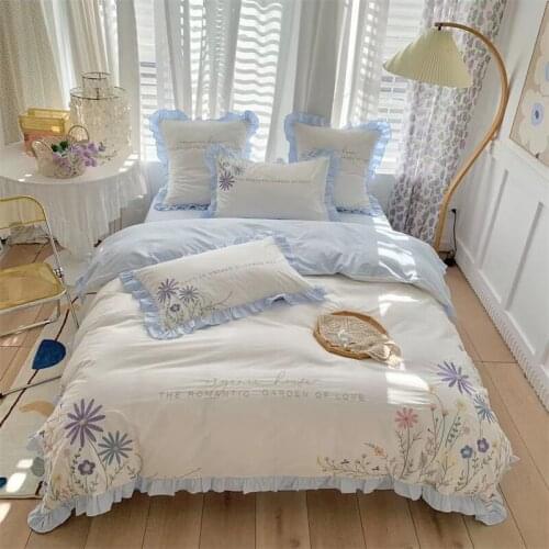100% Washed Cotton Wild Flower Embroidery Princess Bedding Set Ruffles Duvet Cover Quilt Cover Comforter Set Bed Linen Pillowcas