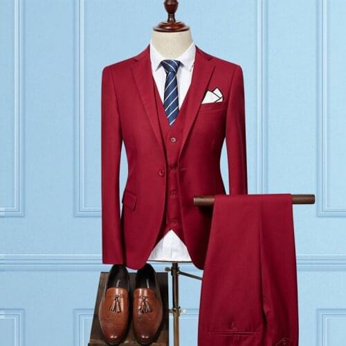 Spring And Autumn Business Casual Men Suit High Quality Classic 3Pieces Male Blazer Red Jacket+Pants+Vest Wedding Homme Costume
