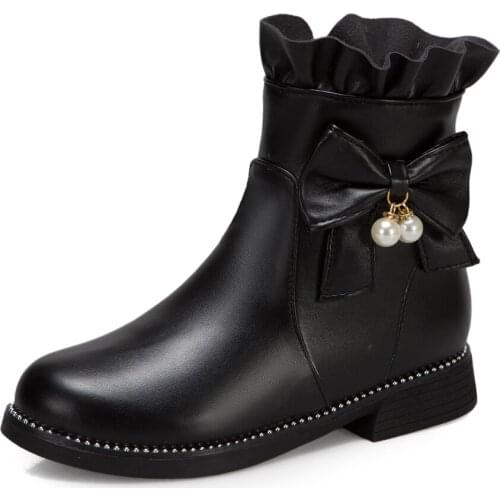 Kawaii Bow Ruffled Ankle Strap Ankle Boots Round Head Pearl Decoration Side Zipper Pink Short Plush Sweet Student Shoes