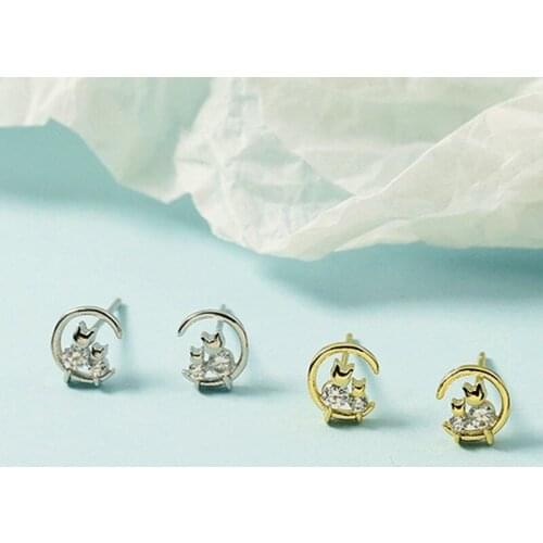 Fashion Geometric Mini Zircon Crystal Stud Earrings For Women Luxury Silver Color Cute Cat Earrings Elegant Feminine Jewelry