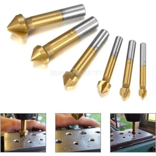 6 Pcs Hss Countersink Drill Bit Set 3 Flute 90 Degree Chamfer Cutter Titanium Coated Bits Power Tool Mill