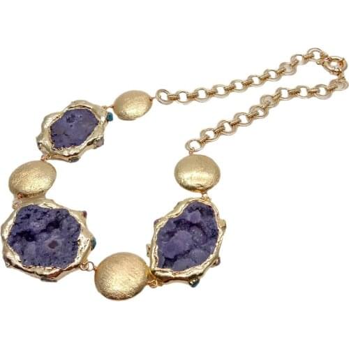 YYGEM Purple Agate Slice Gold Plated Brushed Coin Bead Chain Choker Necklace 23"