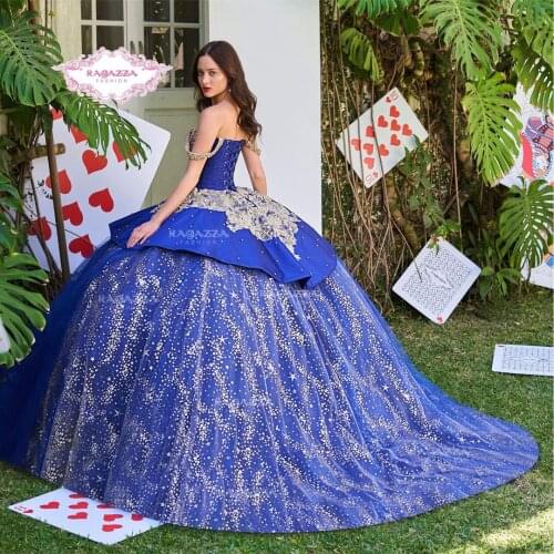 2021 Blue Sparkly Ball Gown Quinceanera Dresses 3D Flower Sweetheart Sequins Applique Sweet 15 16 Dress Party Wear