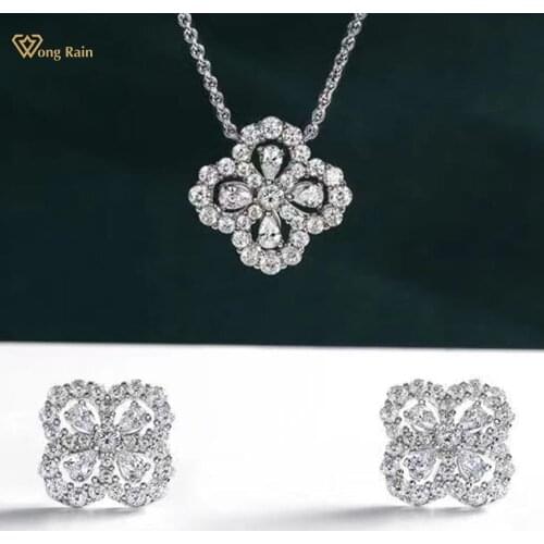 Wong Rain 925 Sterling Silver Created Moissanite Diamonds Gemstone Four Leaf Clover Pendant/Necklace/Earrings Jewelry Set Gifts