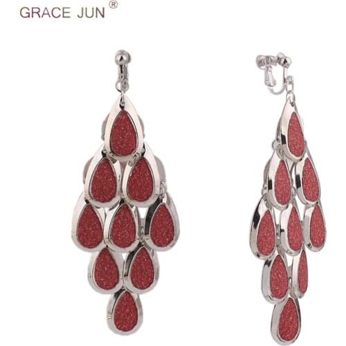 GRACE JUN High Quality Shiny Water Drop Shape Clip on Earrings for Women Fashion Charm Ear Cuff Earrings