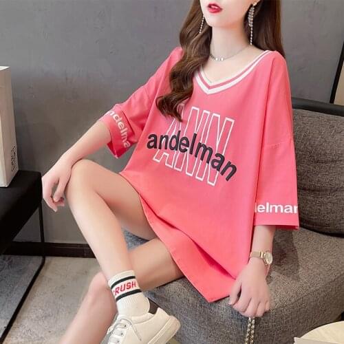 #0161 Pink Yellow White Short Sleeves T Shirt Women Casual Loose Print T Shirts V Neck Fashion Korean Style Clothes Tops