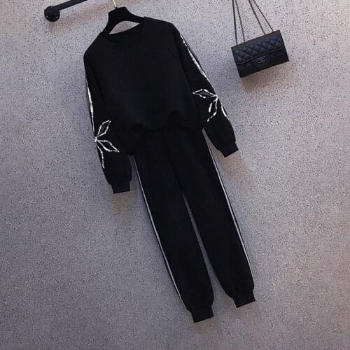 Plus Size Womens Spring Clothing 2021 New Fat Sister Age Reduction Fashion Sweater Casual Pants Two-piece Suit