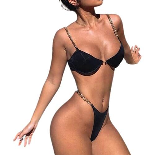 2021 newest Women’s Chain Straps 2Pcs Bikini Suit Sexy Split Style Deep V-neck Slings Tops with Triangle Bottoms