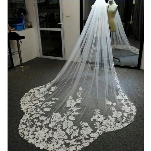 Long Bridal Veil One Layer Wedding Veil with Comb White Ivory Cathedral Lace Appliques Veil for Bride Wedding Accessories 300cm