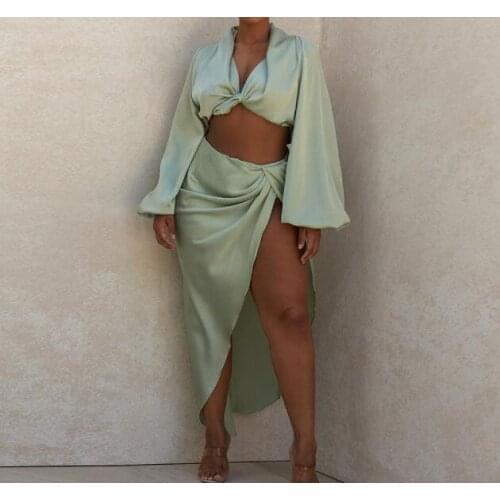 Women Sexy Deep V neck Hollow Waist Top+Long Dress 2pc Dress Set Ladies Sexy High Split Party Dress Female Satin Dress