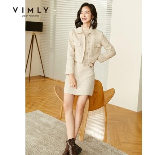 Vimly Elegant Womens Clothing Set Fashion Winter Single Breasted Thick Short Jacket High Waist Skirt Female Two Piece Set F3628