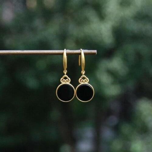 Fenice ''Natural Hetian Jade Dark Jade Mirror round Earrings 925 Sterling Silver Jade Earrings Big Brand Antique Earrings