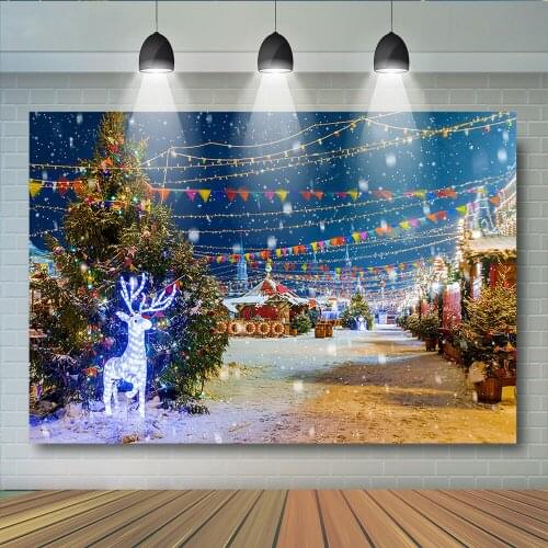 Christmas Street scene Reindeer Background For Photography Snowfield Christmas trees Backdrop For Photo Booth Circus Backgrounds