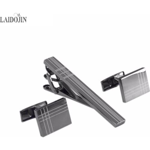 LAIDOJIN Classic Square Black Laser Stripe Bussiness Mens Cufflinks Tie Clips Set High Quality Necktie Pin Tie Bars Clip Clasp