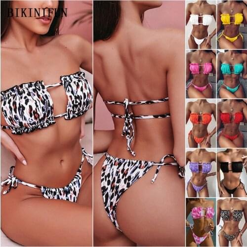 New Sexy Strapless Ruffled Swimsuit Women Leopard Print Swimwear Strappy Backless Beachwear S-L Girl Hollow Thong Bikini Set