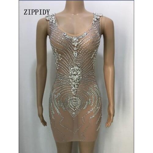 Fashion Sexy Sparkly Crystals Mesh Feather Dress Womens Evening Party Wear Luxurious Prom Celebrate Female Singer Dresses